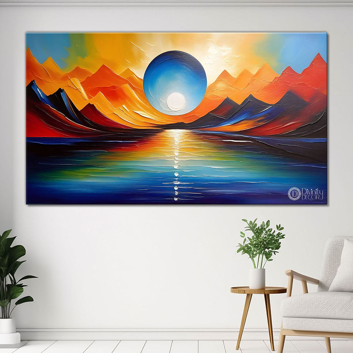 Mountains with sun in textured painting Canvas Painting - Nature Art -254