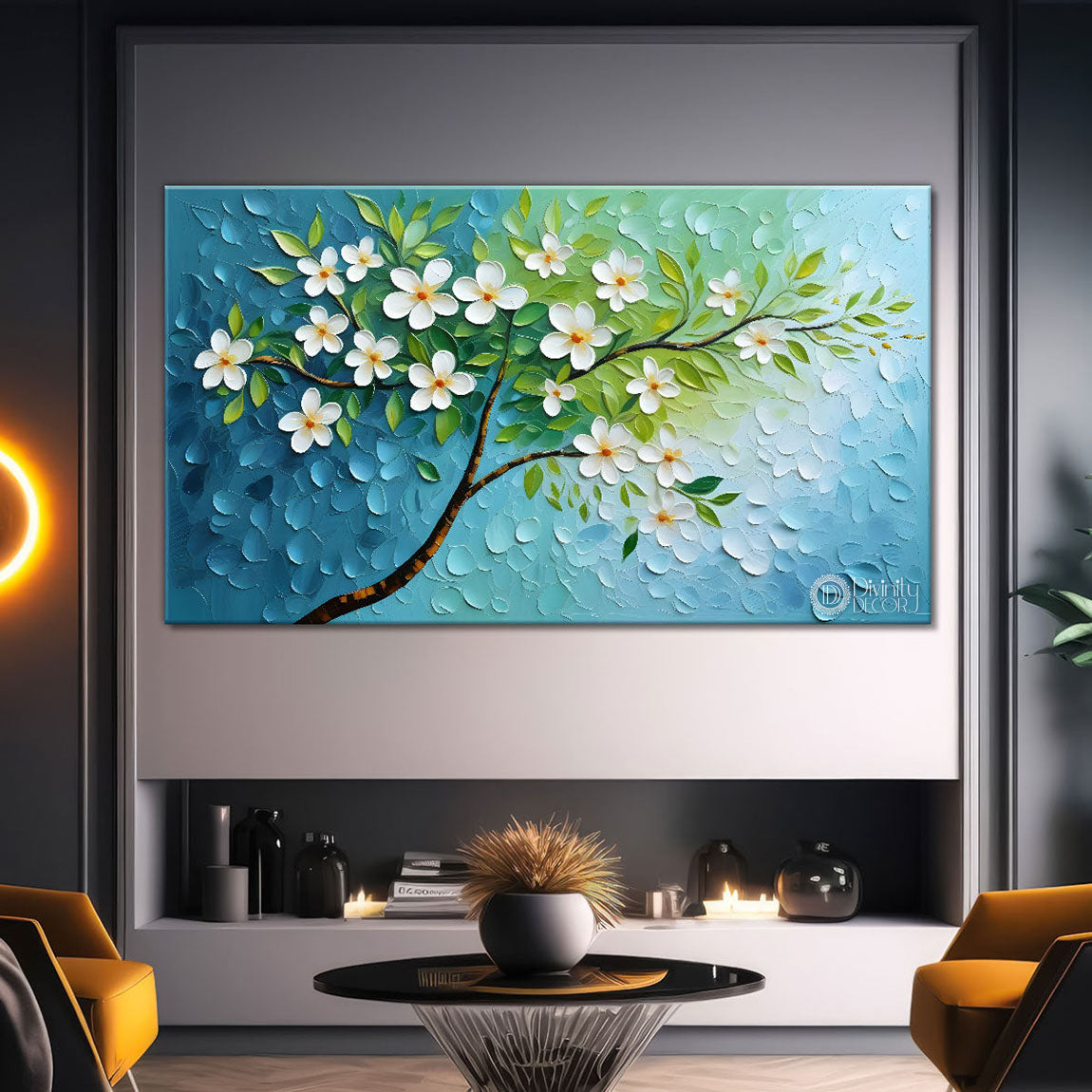 White flower tree in textured background oil painting- Design - Tree-254
