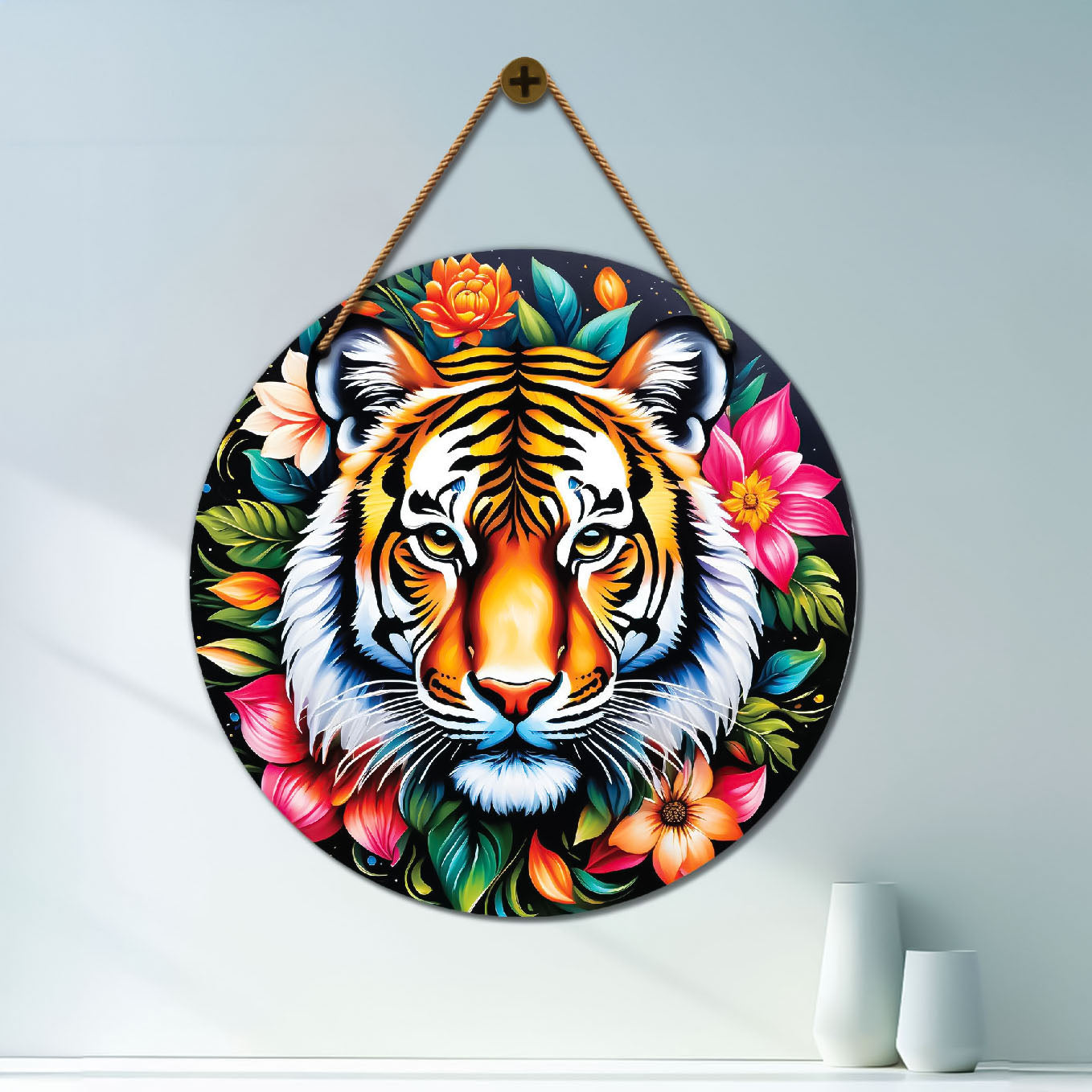 Tiger in green and pink mandala Round Wooden Wall Hanging for wall Décor - Design - 254