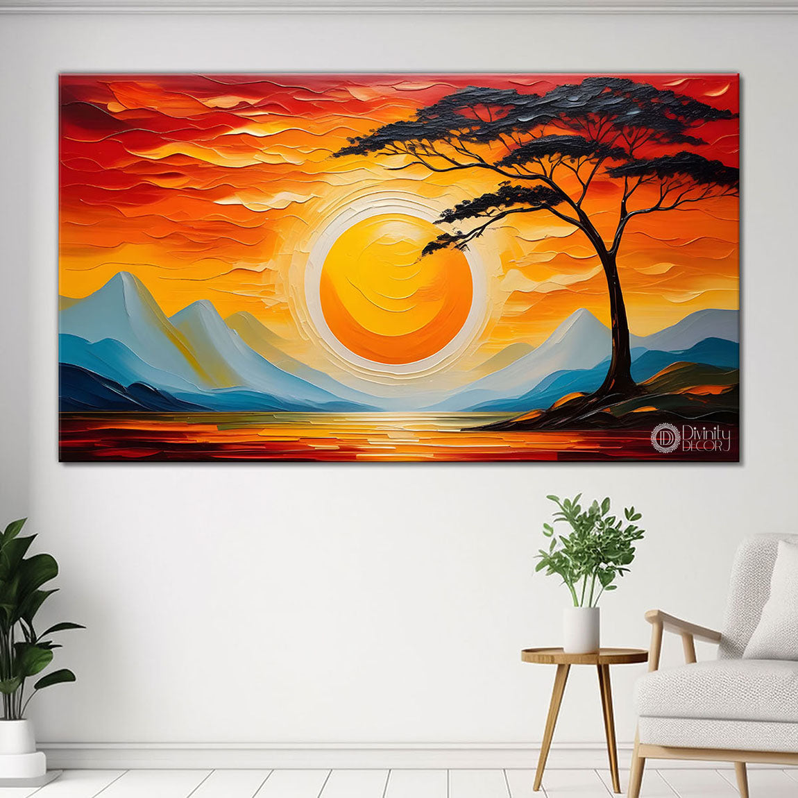 Mountains with tree and sun painting Canvas Painting - Nature Art -255