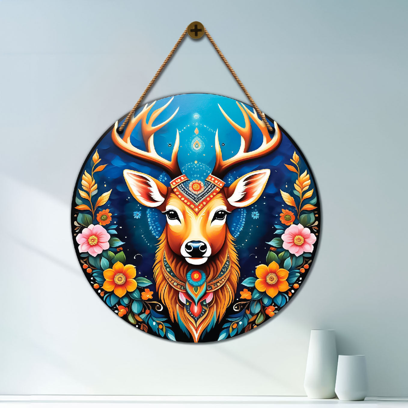 Deer in blue and floral mandala Round Wooden Wall Hanging for wall Décor - Design - 255