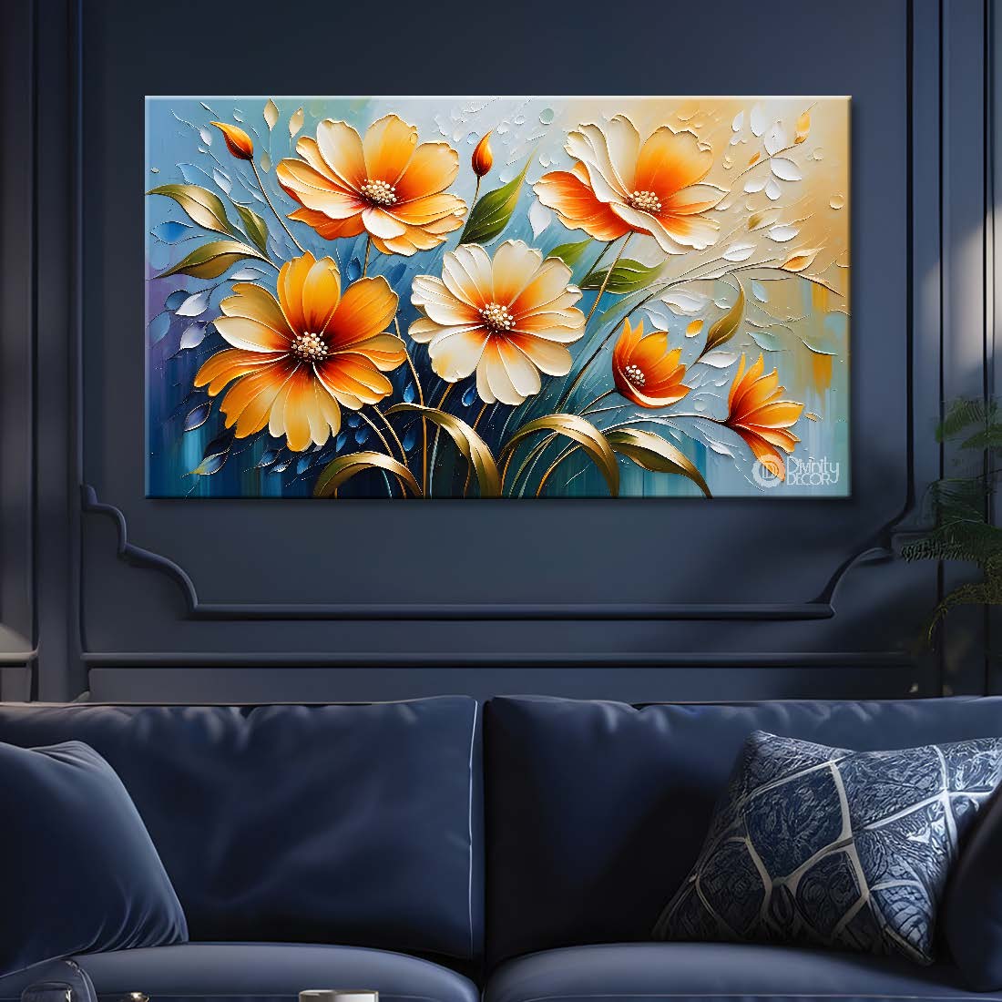 Orange flowers in the blue background painting - Flower-255