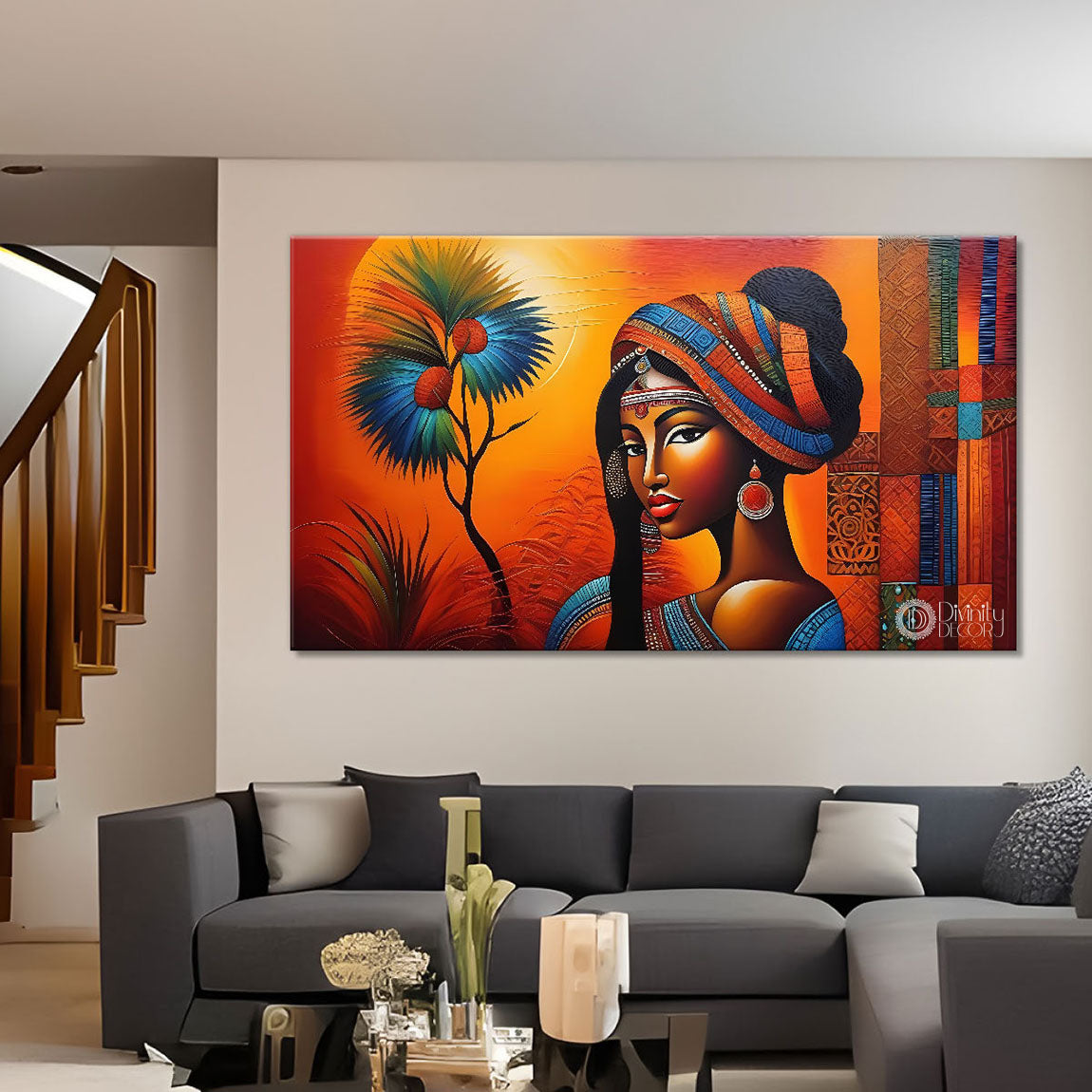 Tribal lady with bright background textured art Canvas Painting - Design - Modern-L-255