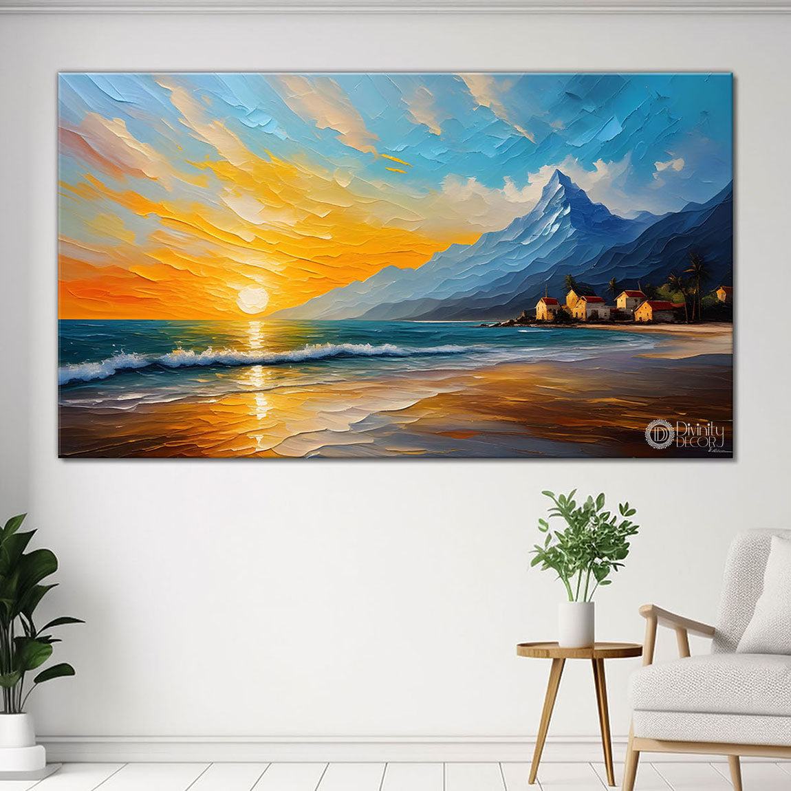 Mountains with sea and sun painting Canvas Painting - Nature Art -256