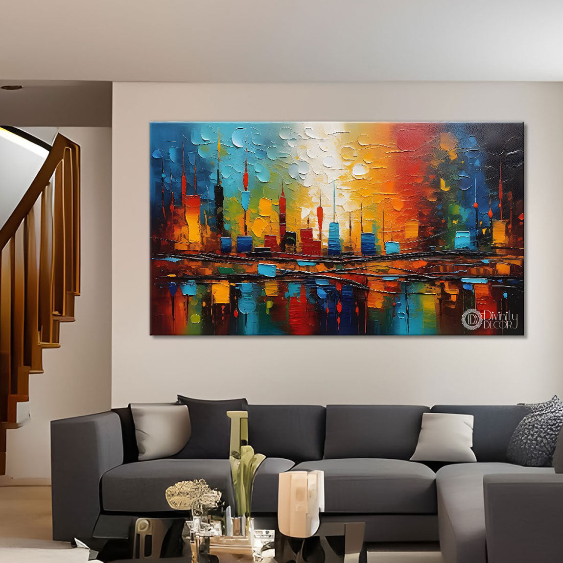 Colorful city view textured art Canvas Painting - Design - Modern-L-256