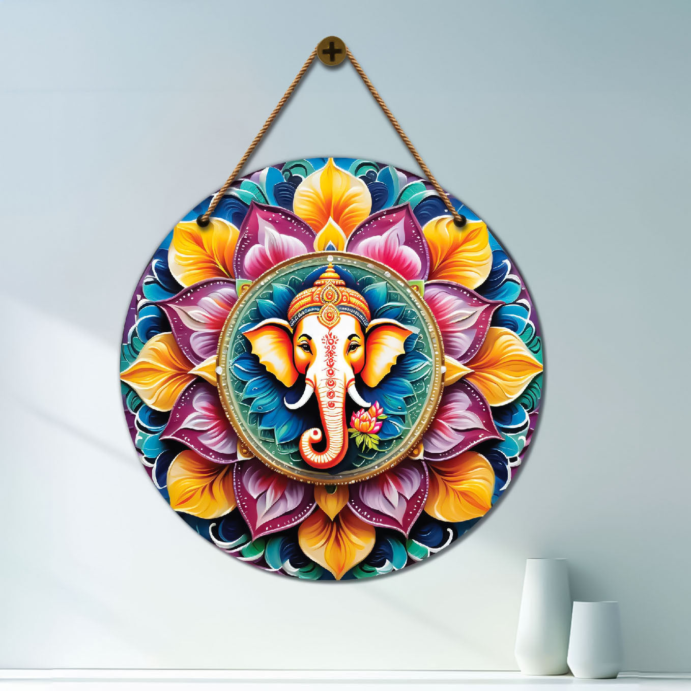 Ganesh Ji in blue and yellow mandala Round Wooden Wall Hanging for wall Décor - Design - 256