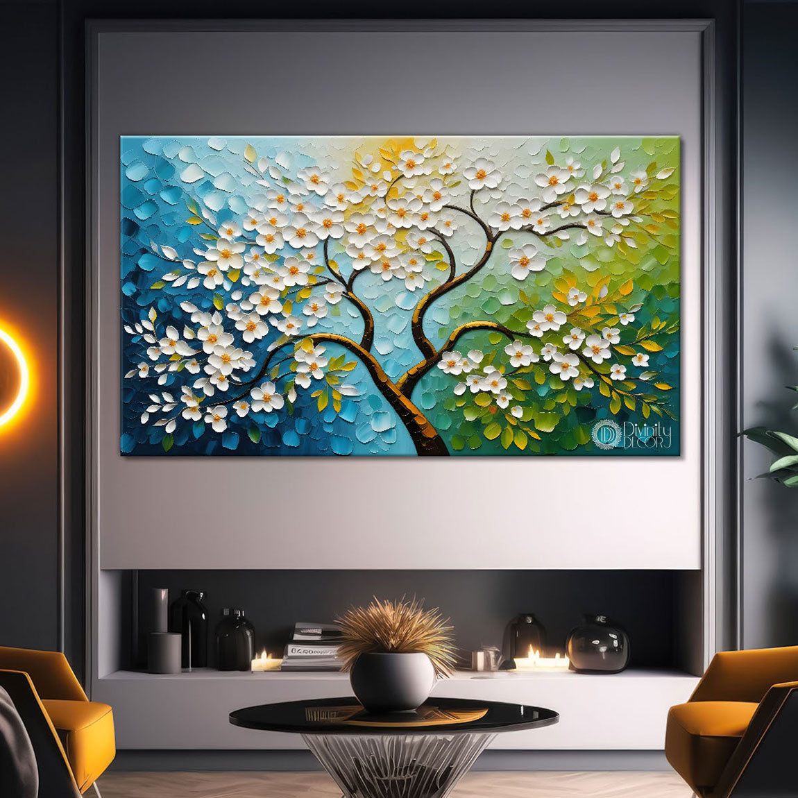 White flower tree in textured background oil painting- Design - Tree-257