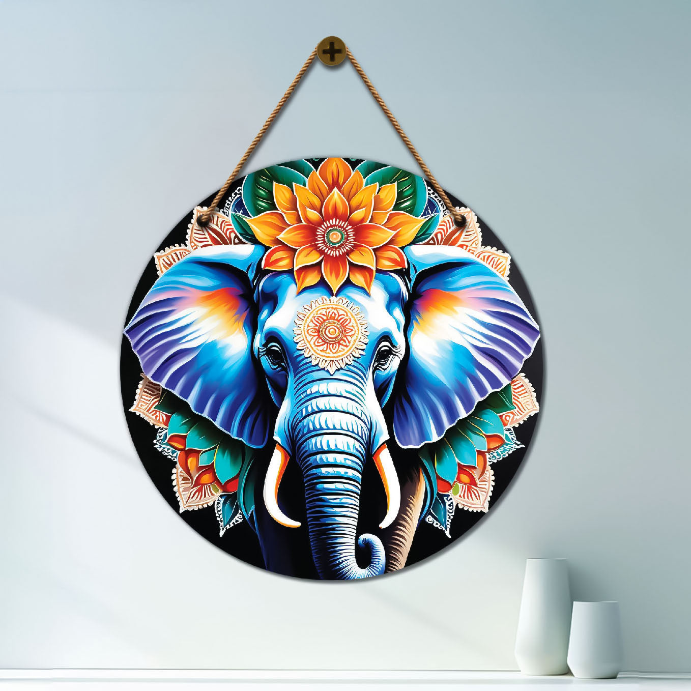 Elephant in green and orange mandala Round Wooden Wall Hanging for wall Décor - Design - 257
