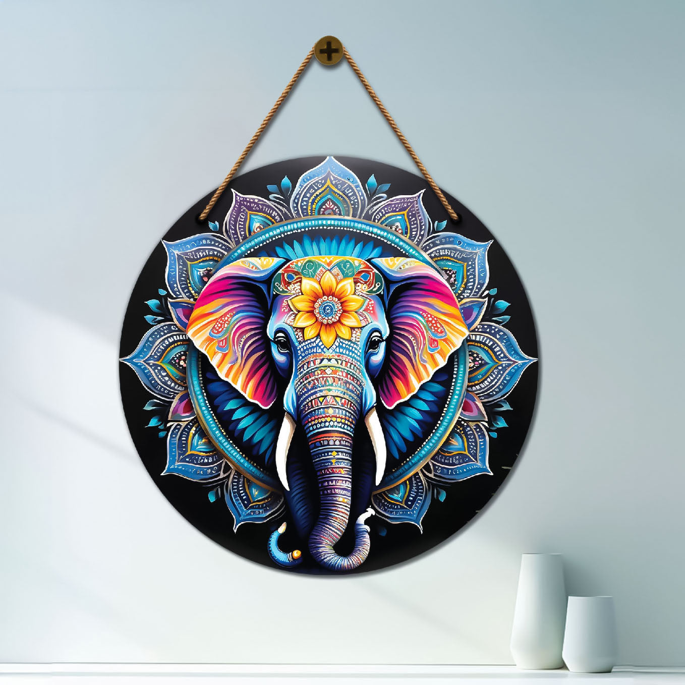 Elephant in blue and black mandala Round Wooden Wall Hanging for wall Décor - Design - 258