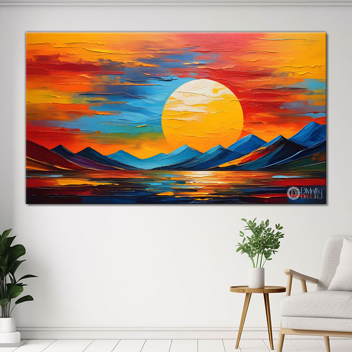 Mountains with sun in textured painting Canvas Painting - Nature Art -258