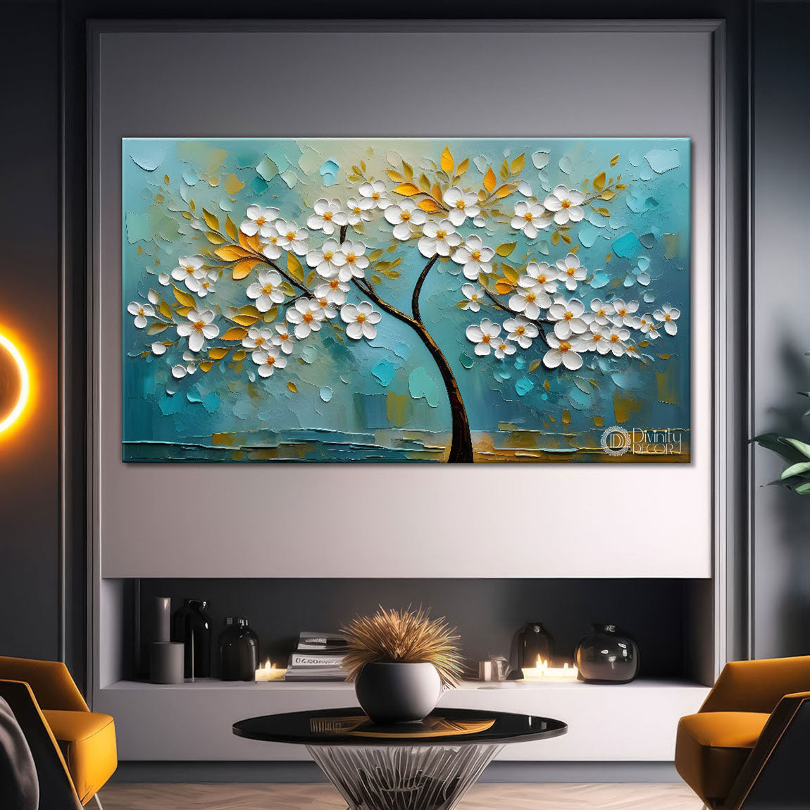 White flower tree in textured background oil painting- Design - Tree-259