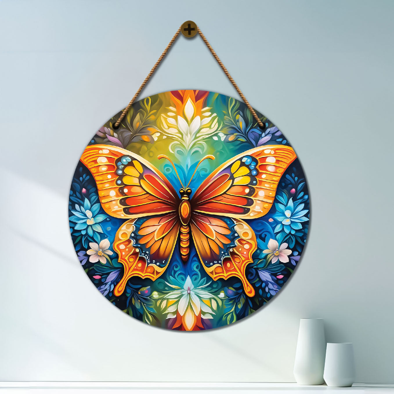 Butterfly in blue and green mandala Round Wooden Wall Hanging for wall Décor - Design - 259