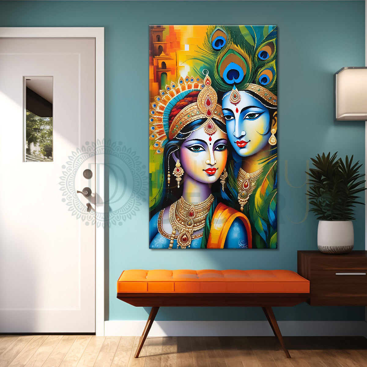 Blue face of krishna with radha in orange background textured art Canv ...