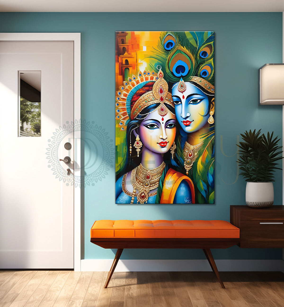Blue face of krishna with radha in orange background textured art Canvas Painting - Design - Krishna-V-25