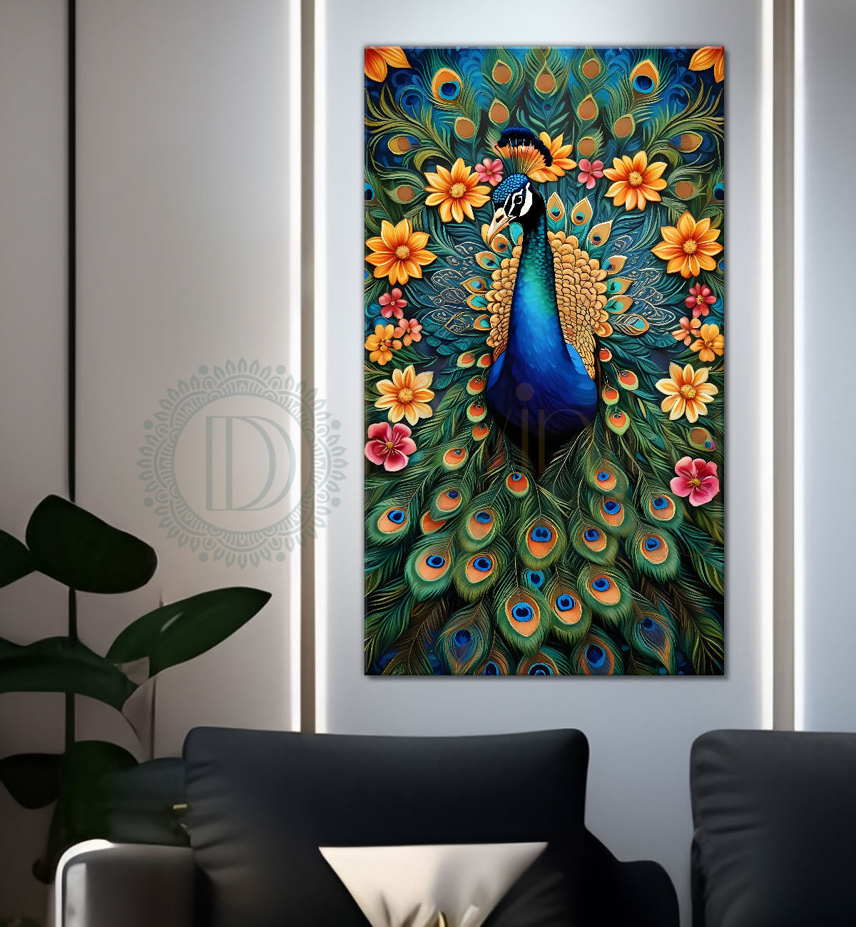 Peacock in bright colours with flowers modern art  - Design - Peacock-V-25