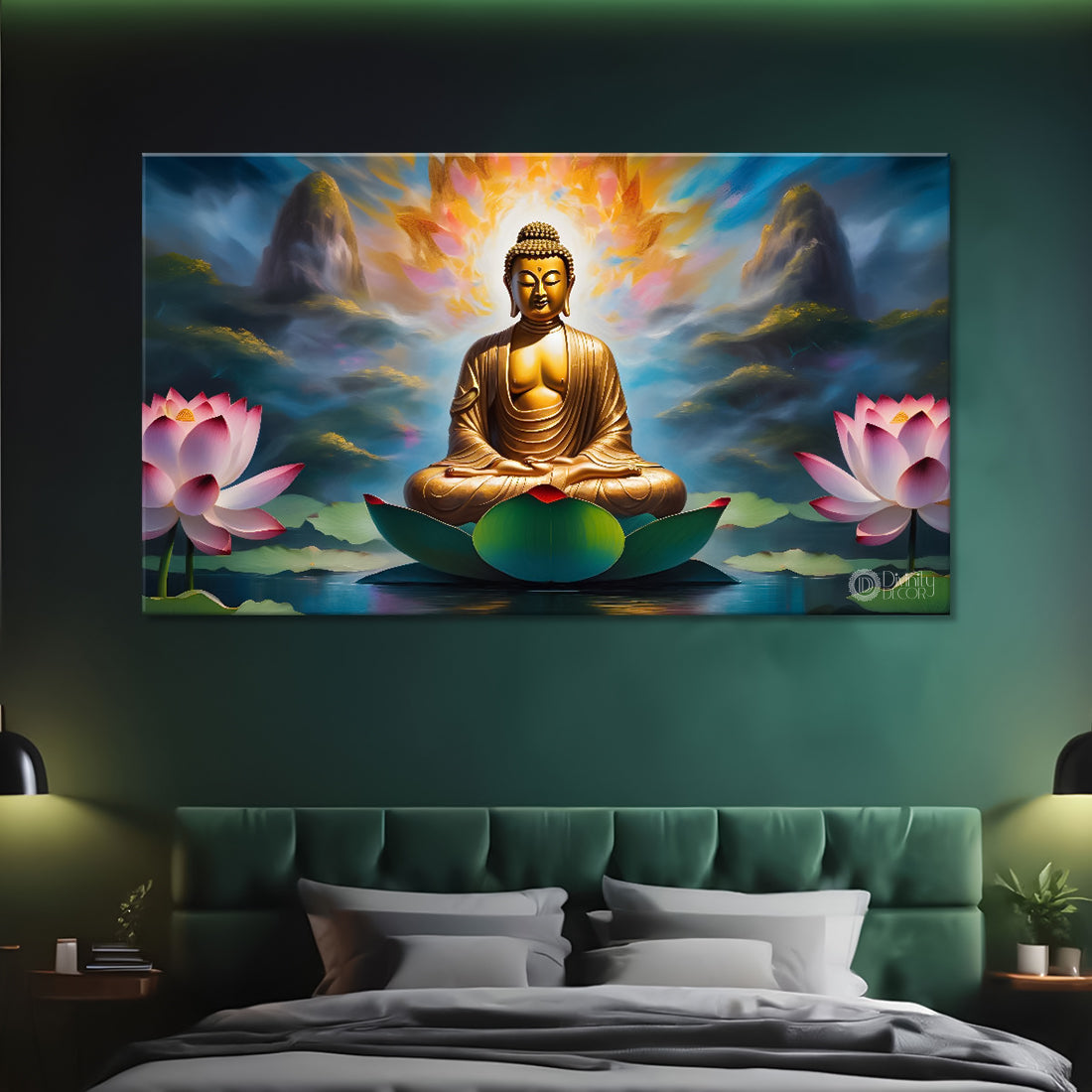 Golden buddha with the lotus background textured painting Canvas Wall Painting - Buddha-260