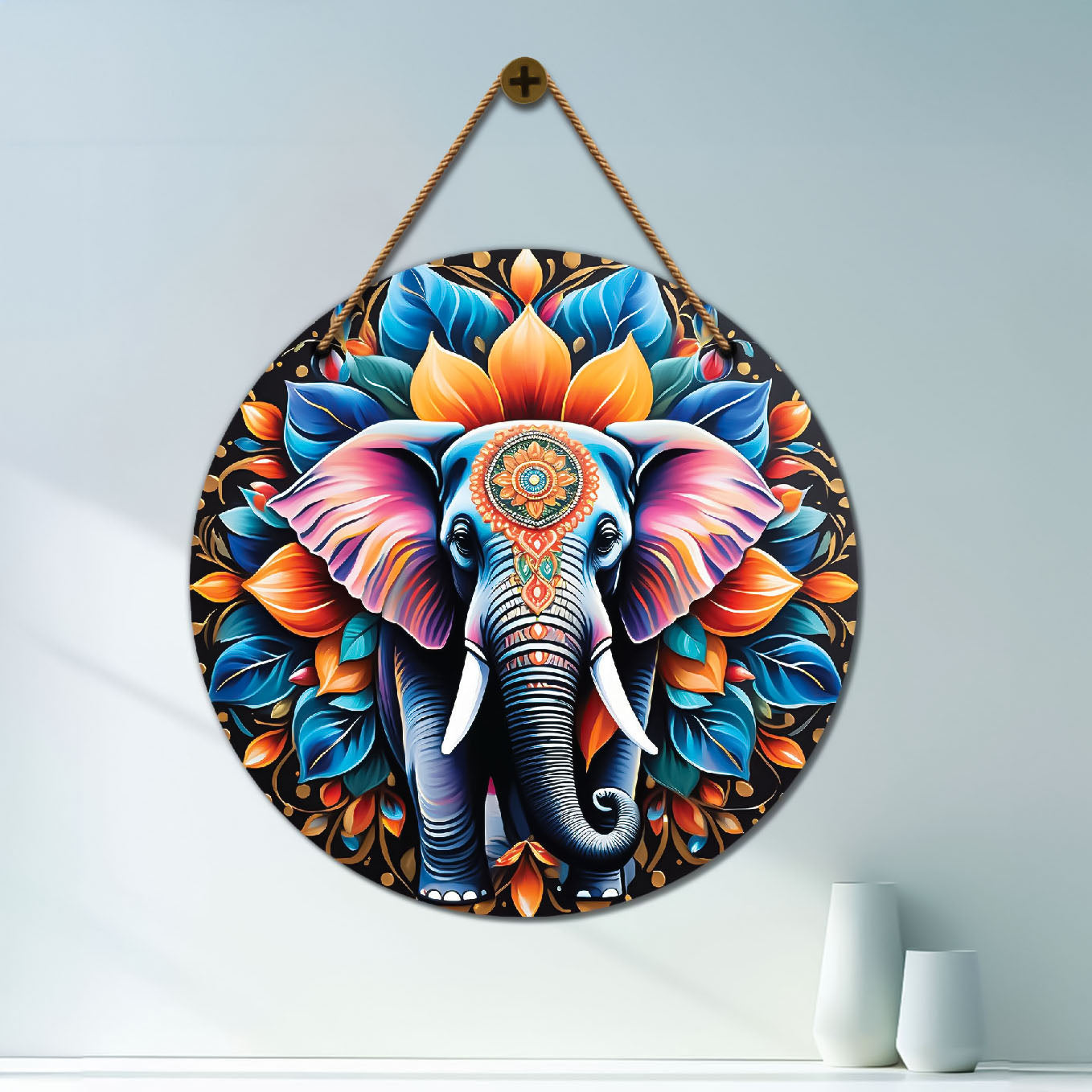 Elephant in green and orange mandala Round Wooden Wall Hanging for wall Décor - Design - 260