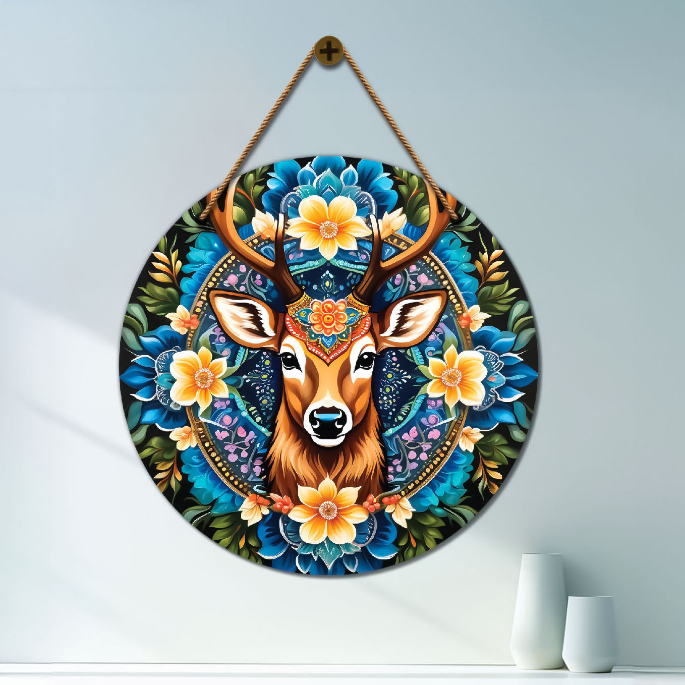 Deer in blue and floral mandala Round Wooden Wall Hanging for wall Décor - Design - 261