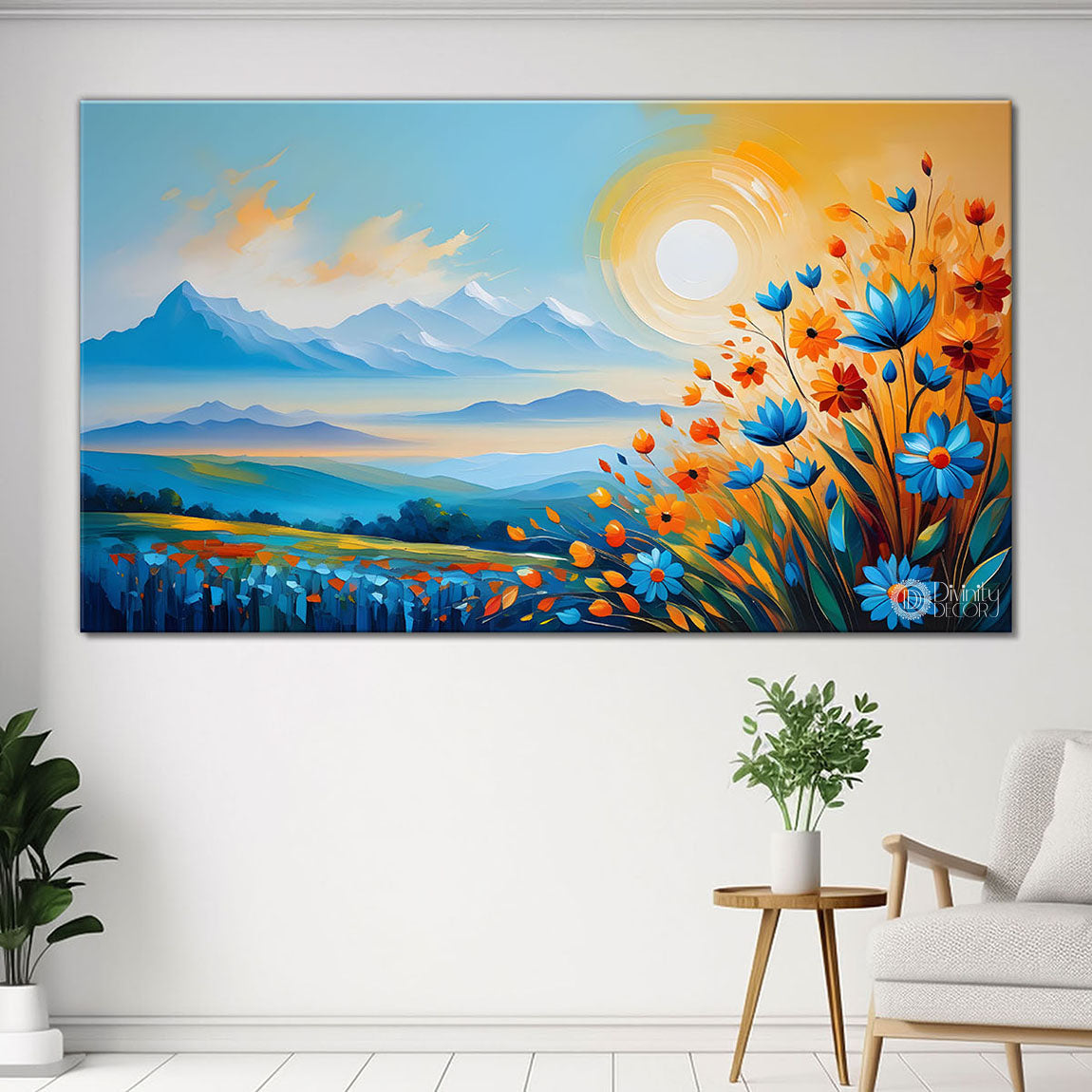 Mountains with flowers and sunset painting Canvas Painting - Nature Art -261