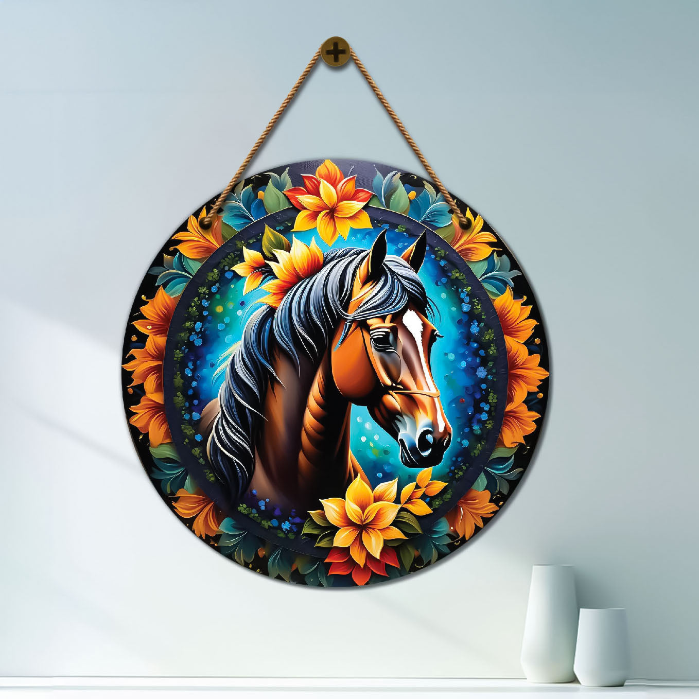 Horse in blue and orange mandala Round Wooden Wall Hanging for wall Décor - Design - 262