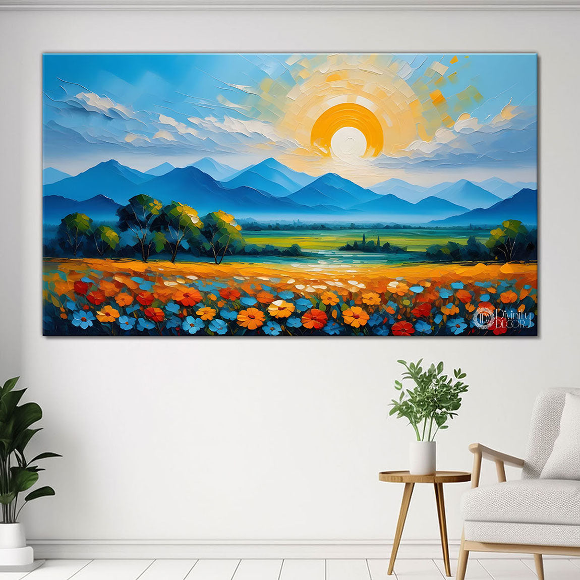 Mountains with flowers and sunset painting Canvas Painting - Nature Art -262