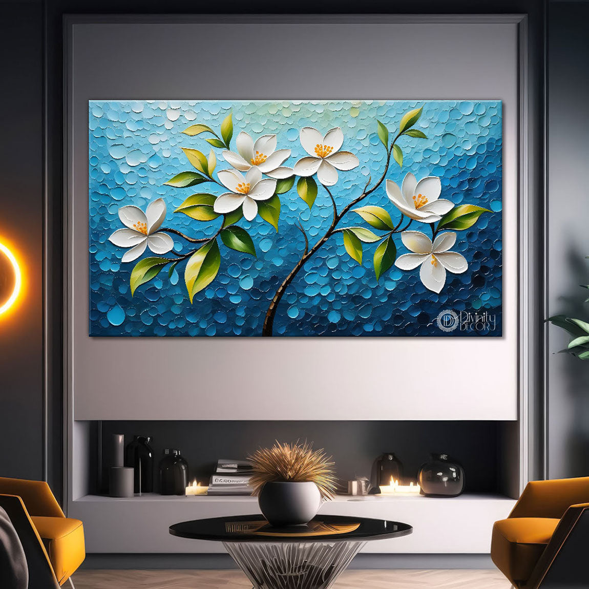 White flower tree in textured background oil painting- Design - Tree-262
