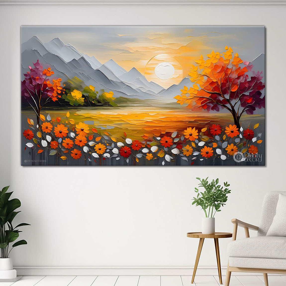 Mountains with flowers and sunset painting Canvas Painting - Nature Art -263