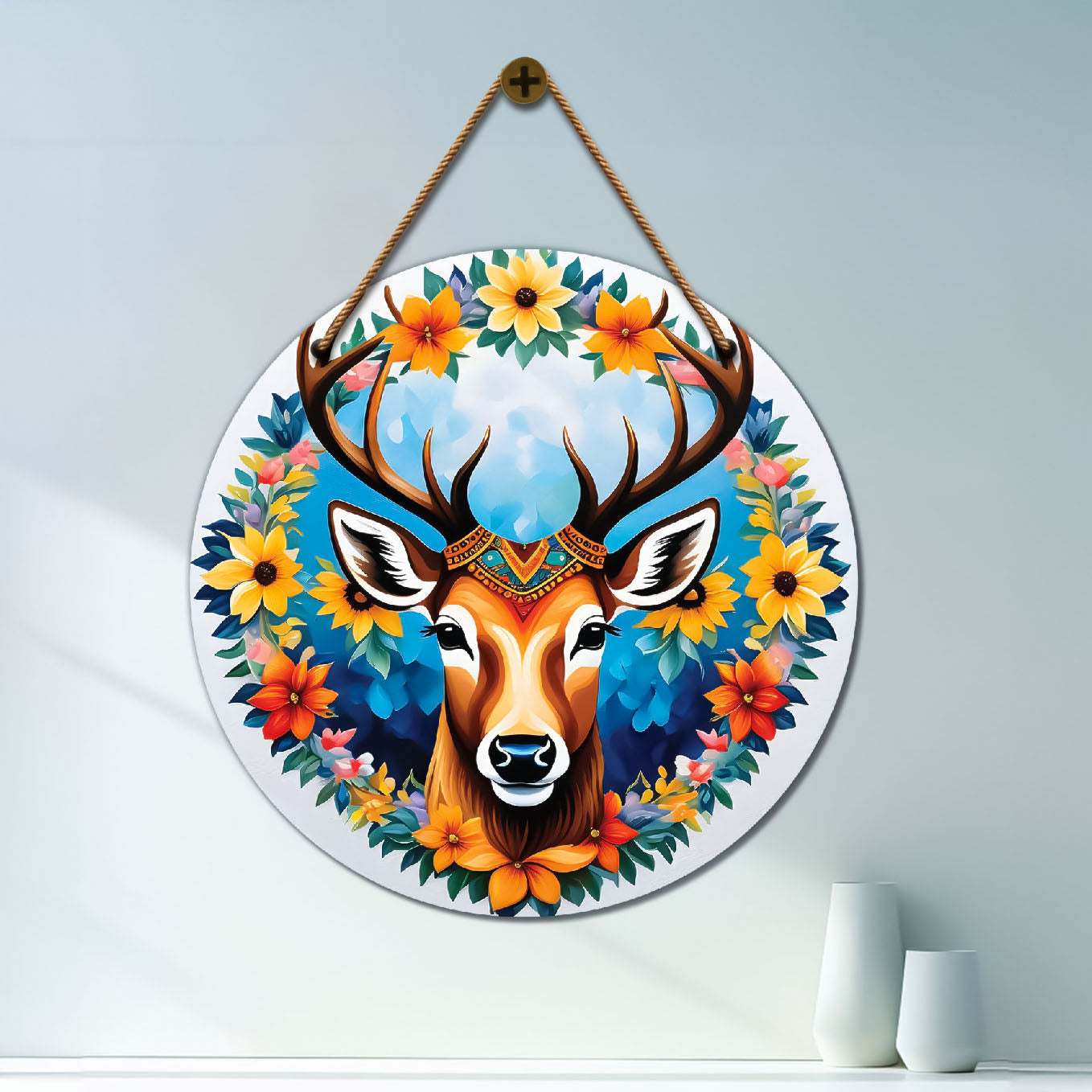 Deer in blue and floral mandala Round Wooden Wall Hanging for wall Décor - Design - 263
