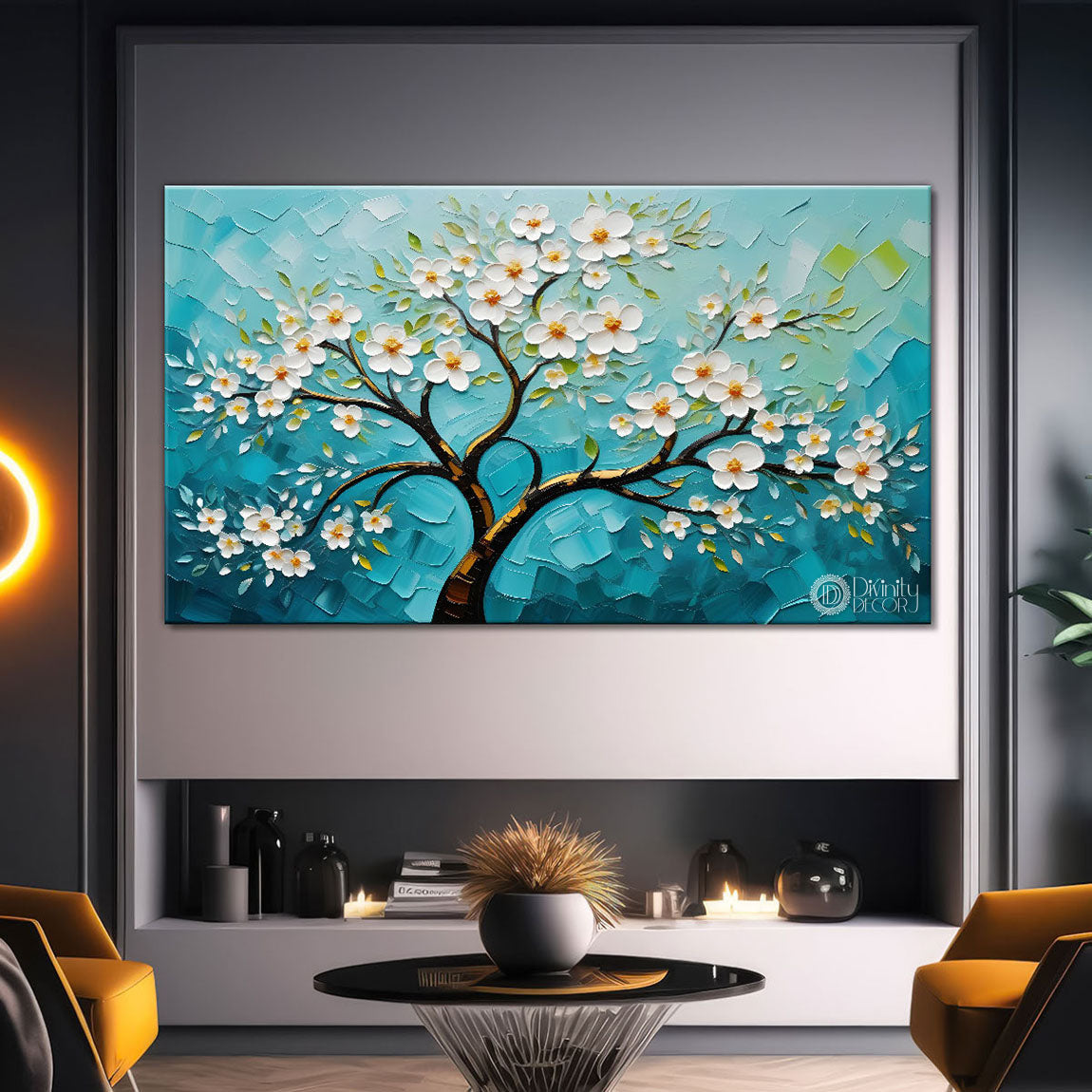 White flower tree in textured background oil painting- Design - Tree-264