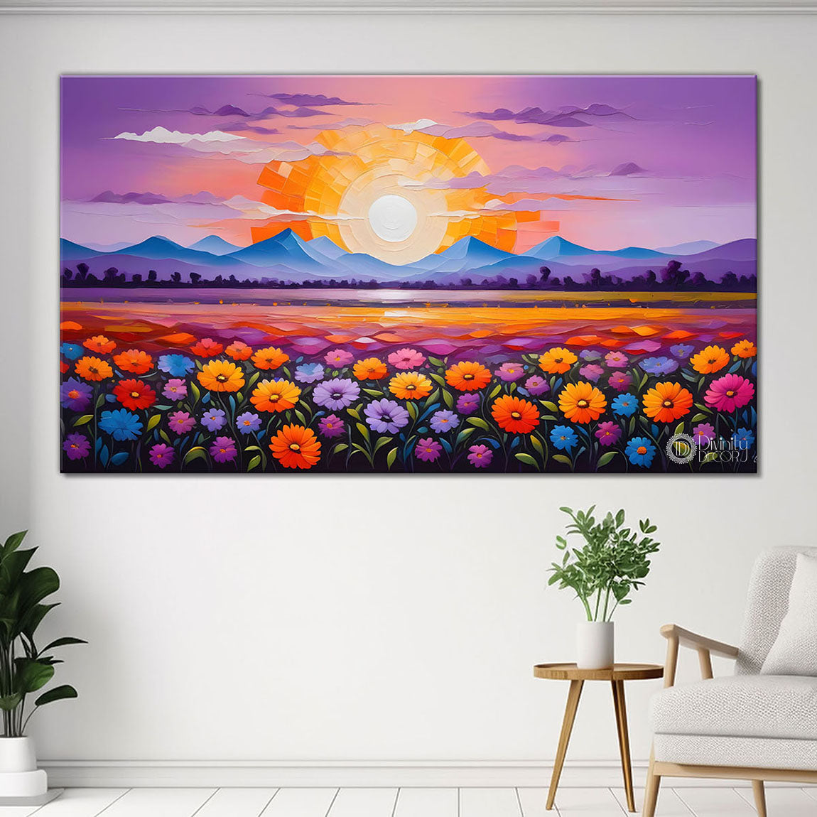 Mountains with flowers and sunset painting Canvas Painting - Nature Art -264
