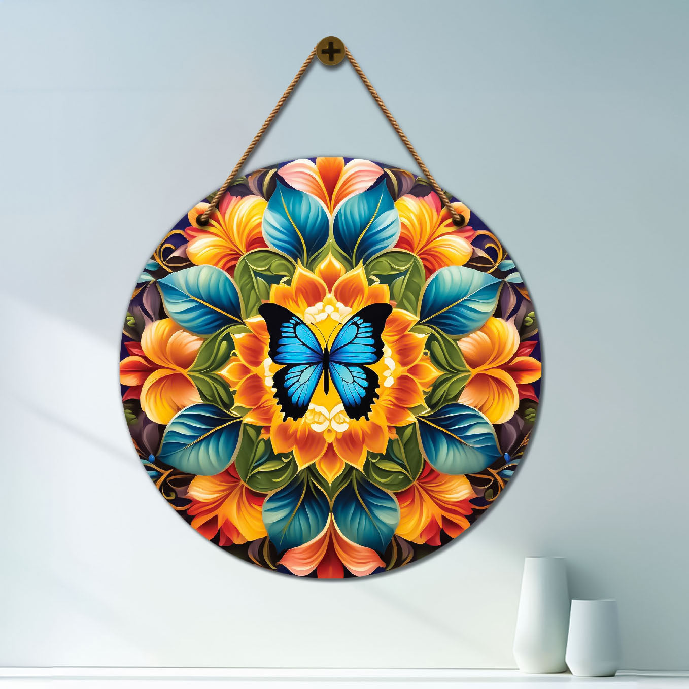 Butterfly in blue and orange mandala Round Wooden Wall Hanging for wall Décor - Design - 264