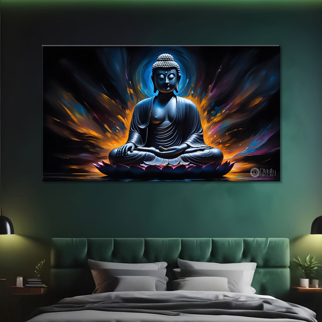 Blue buddha in orange background textured painting Canvas Wall Painting - Buddha-265