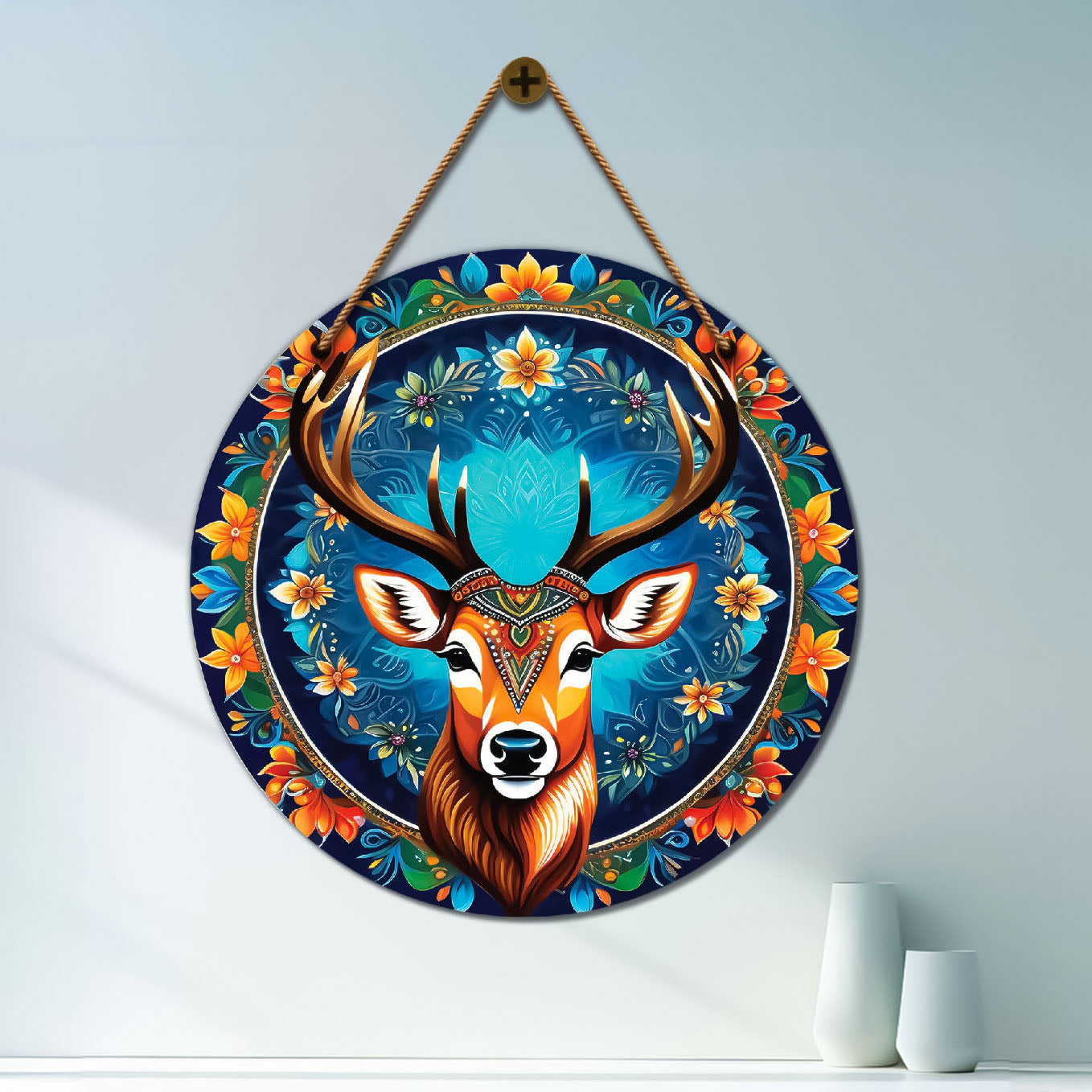 Deer in blue and floral mandala Round Wooden Wall Hanging for wall Décor - Design - 265