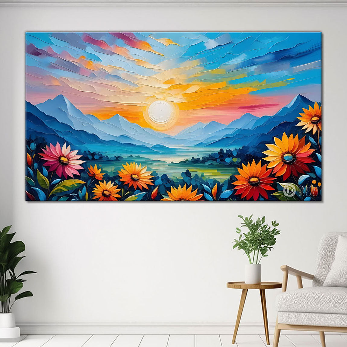 Mountains with flowers and sunset painting Canvas Painting - Nature Art -265