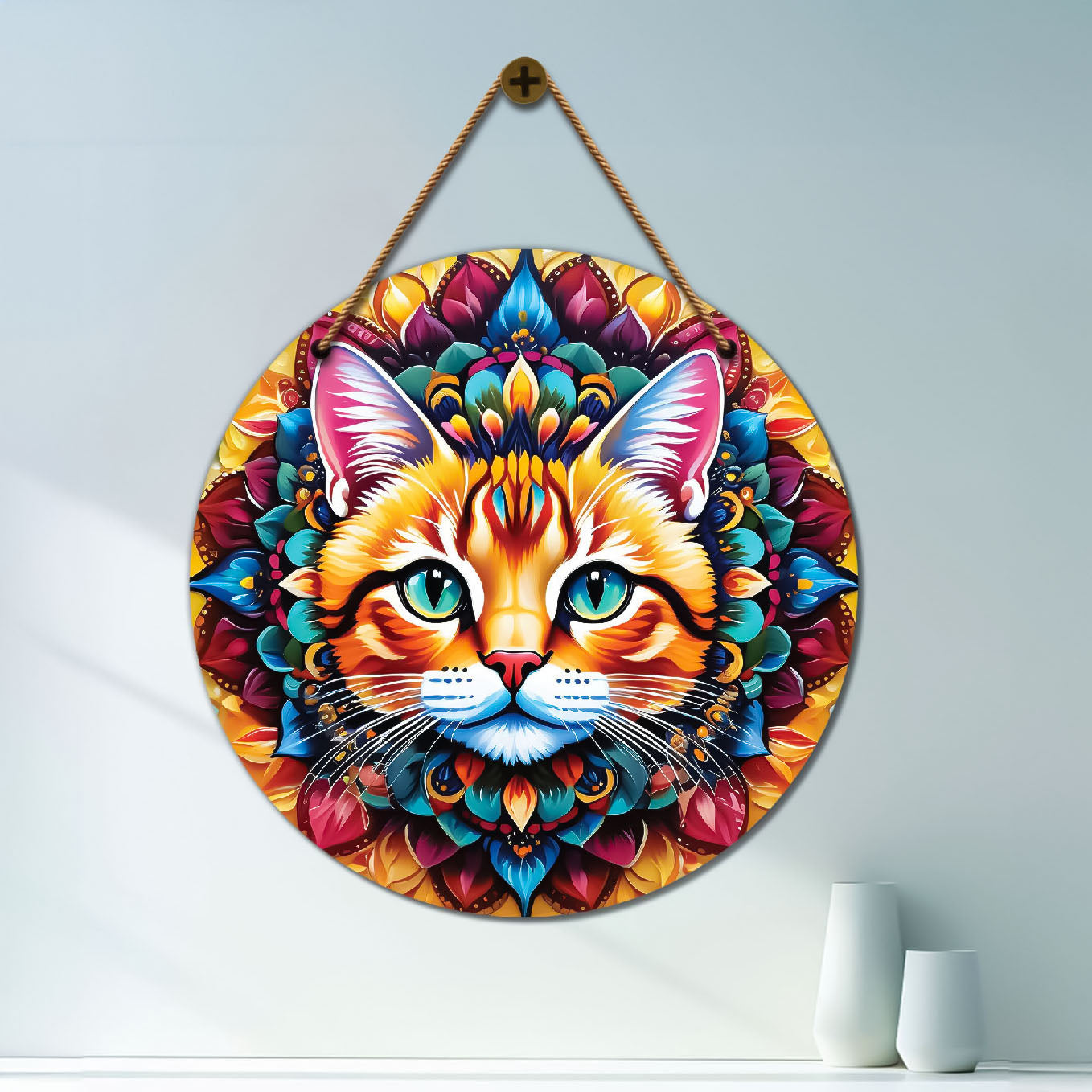 Cat in blue and yellow mandala Round Wooden Wall Hanging for wall Décor - Design - 266