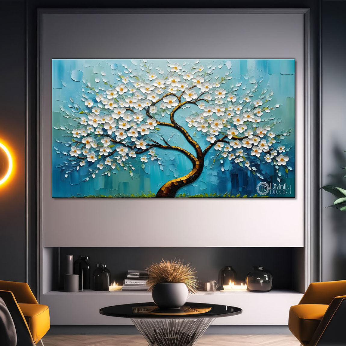 White flower tree in textured background oil painting- Design - Tree-266