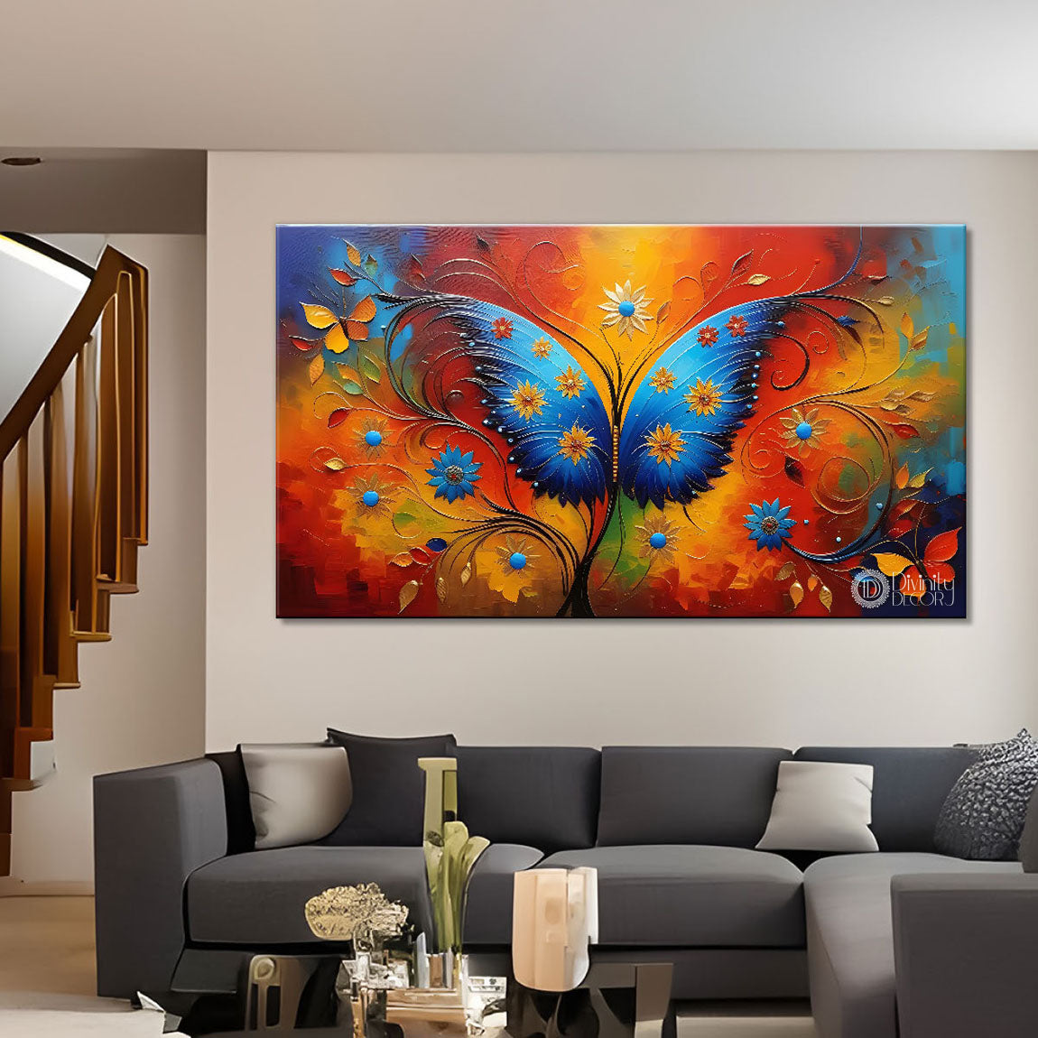 Blue butterfly in colors textured modern art Canvas Painting - Design - Modern-L-267