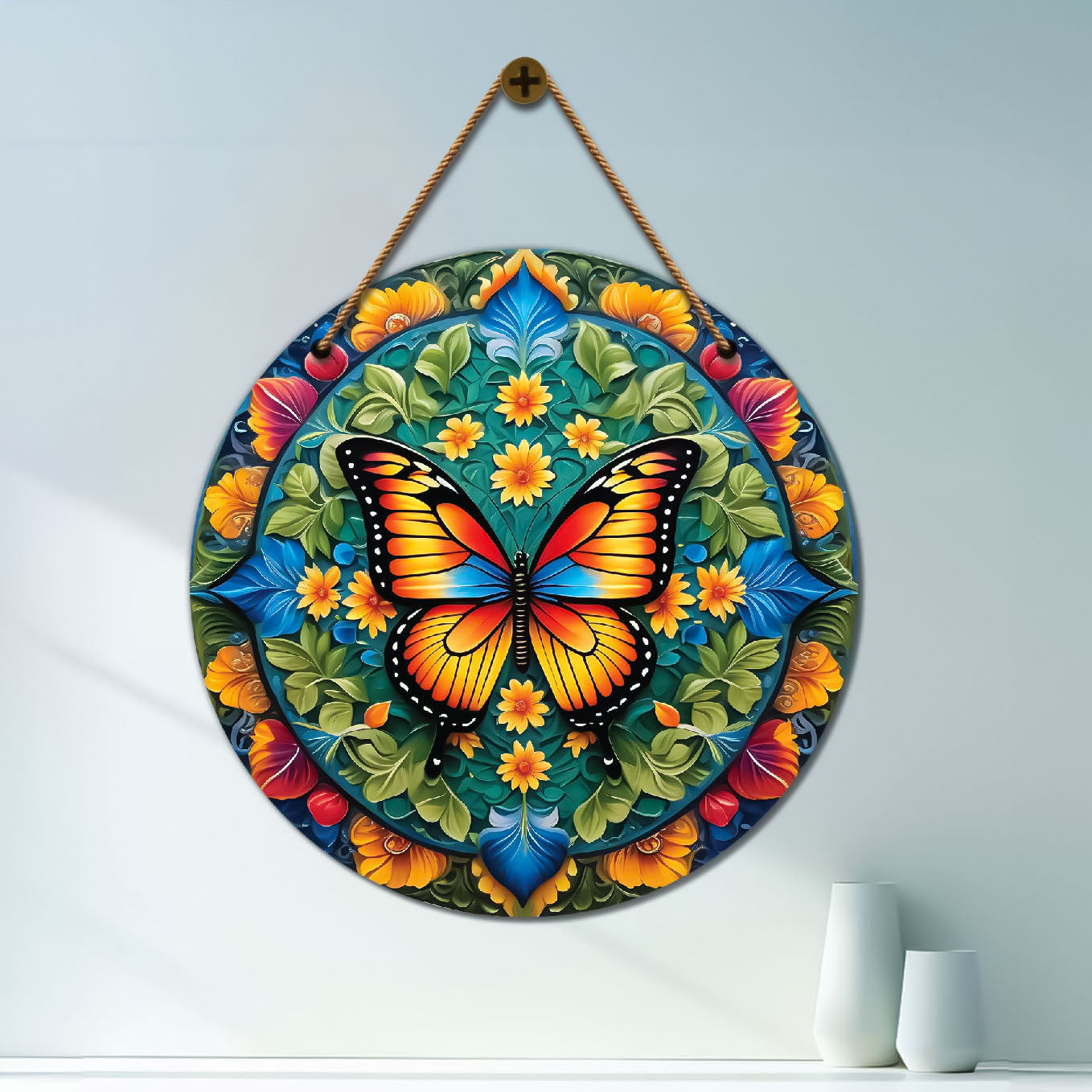 Butterfly in blue and green mandala Round Wooden Wall Hanging for wall Décor - Design - 267