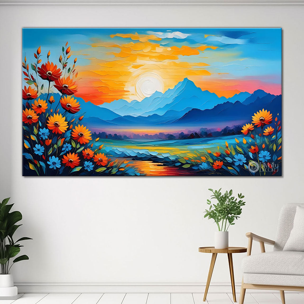 Mountains with flowers and sunset painting Canvas Painting - Nature Art -267