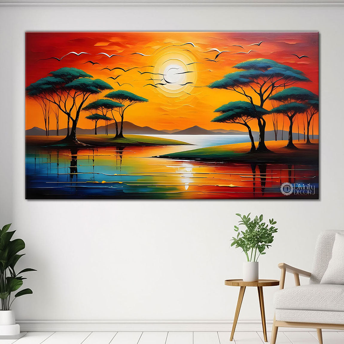 Trees and river colorful painting Canvas Painting - Nature Art -268