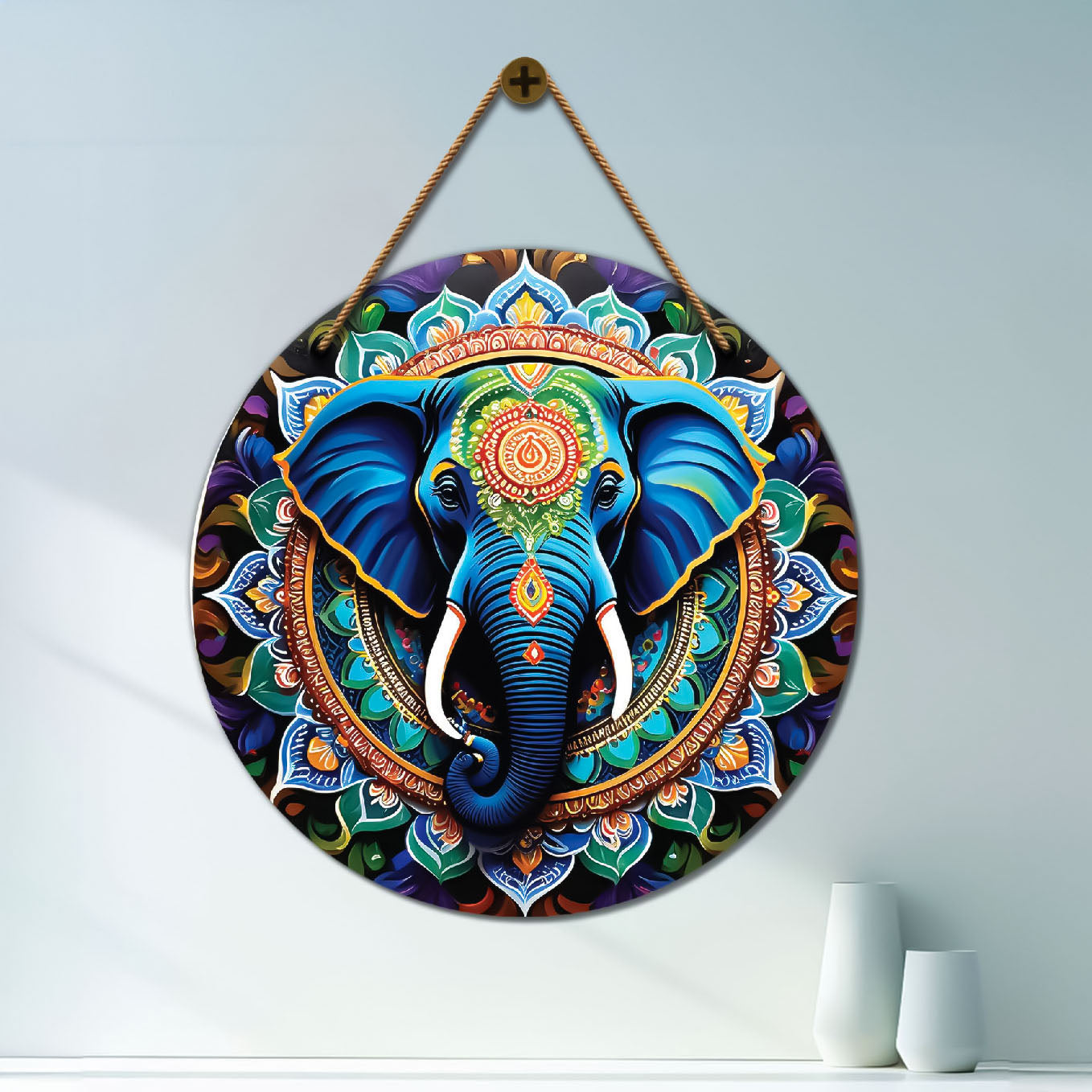 Elephant in green and blue mandala Round Wooden Wall Hanging for wall Décor - Design - 268
