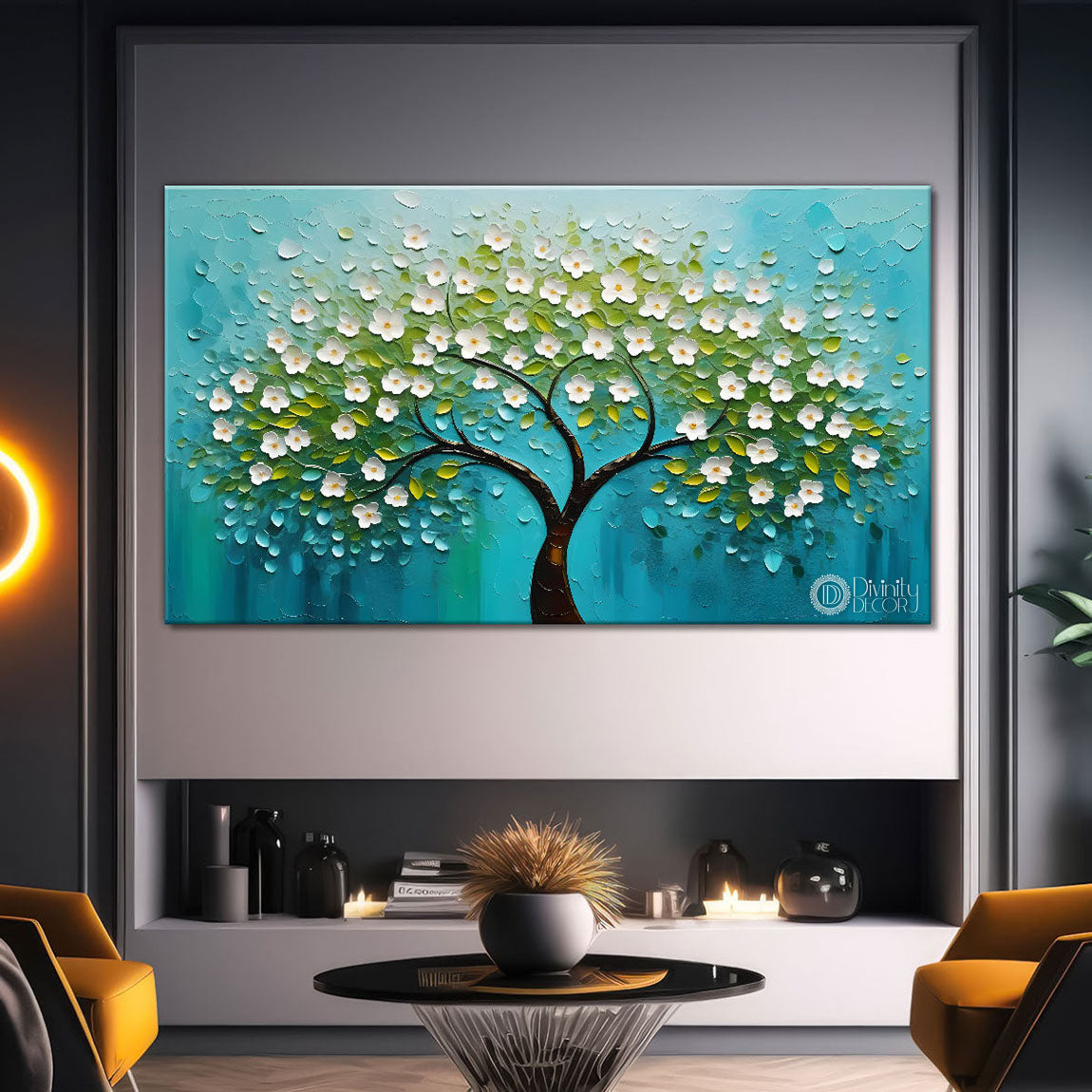 White flower tree in textured background oil painting- Design - Tree-268