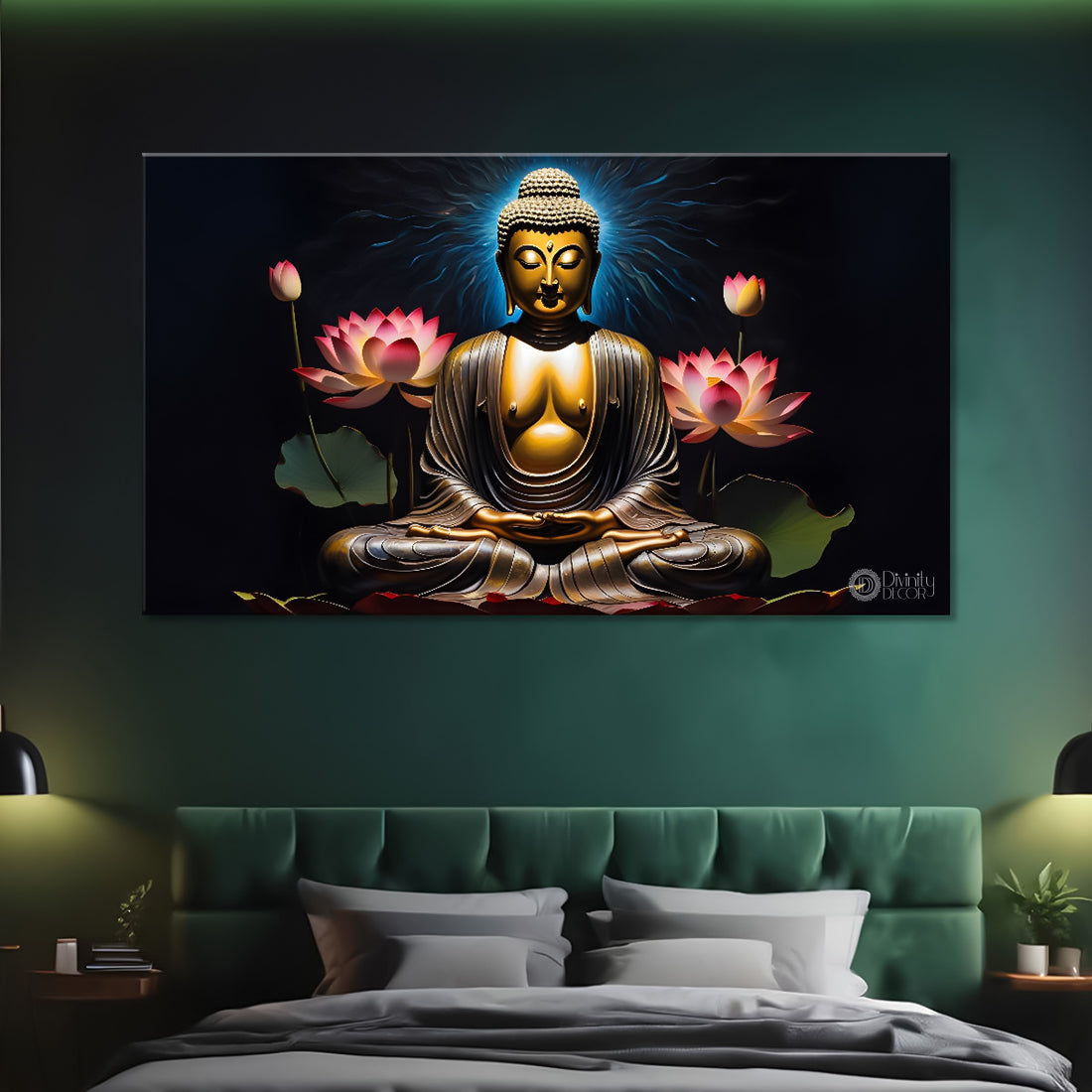 Buddha with dark and lotus textured background painting Canvas Wall Painting - Buddha-269