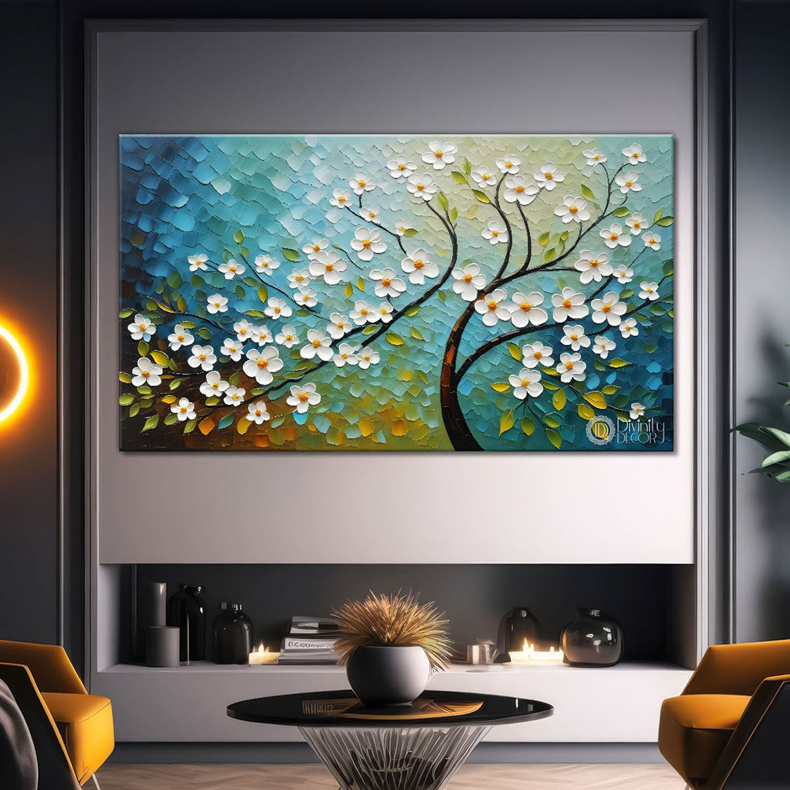 White flower tree in textured background oil painting- Design - Tree-269