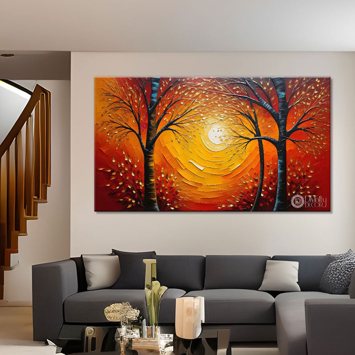 Two tree with a sun textured modern art Canvas Painting - Design - Modern-L-269