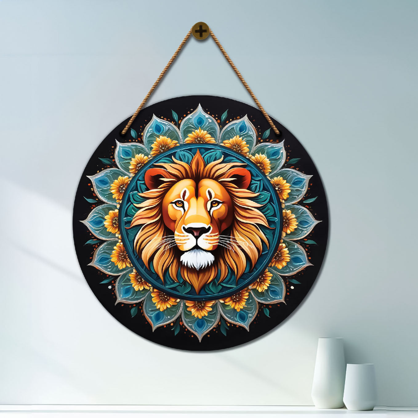 Lion in green and golden mandala Round Wooden Wall Hanging for wall Décor - Design - 269