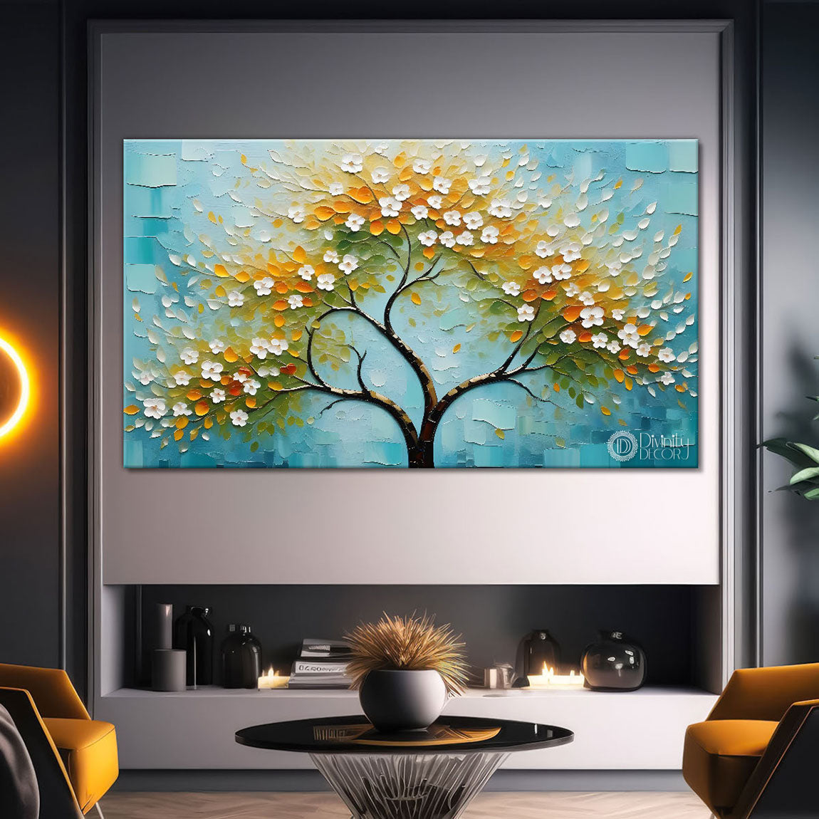 White flower tree in textured background oil painting- Design - Tree-270