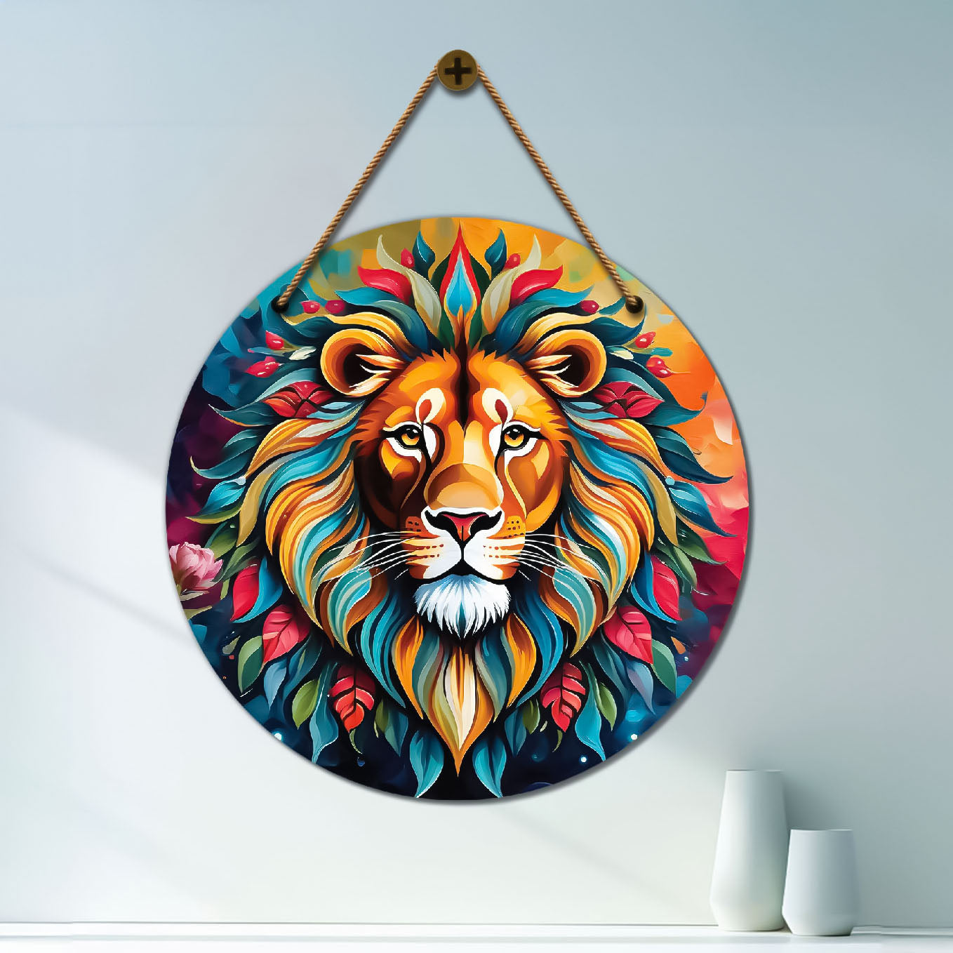 Lion in colourful mandala Round Wooden Wall Hanging for wall Décor - Design - 270