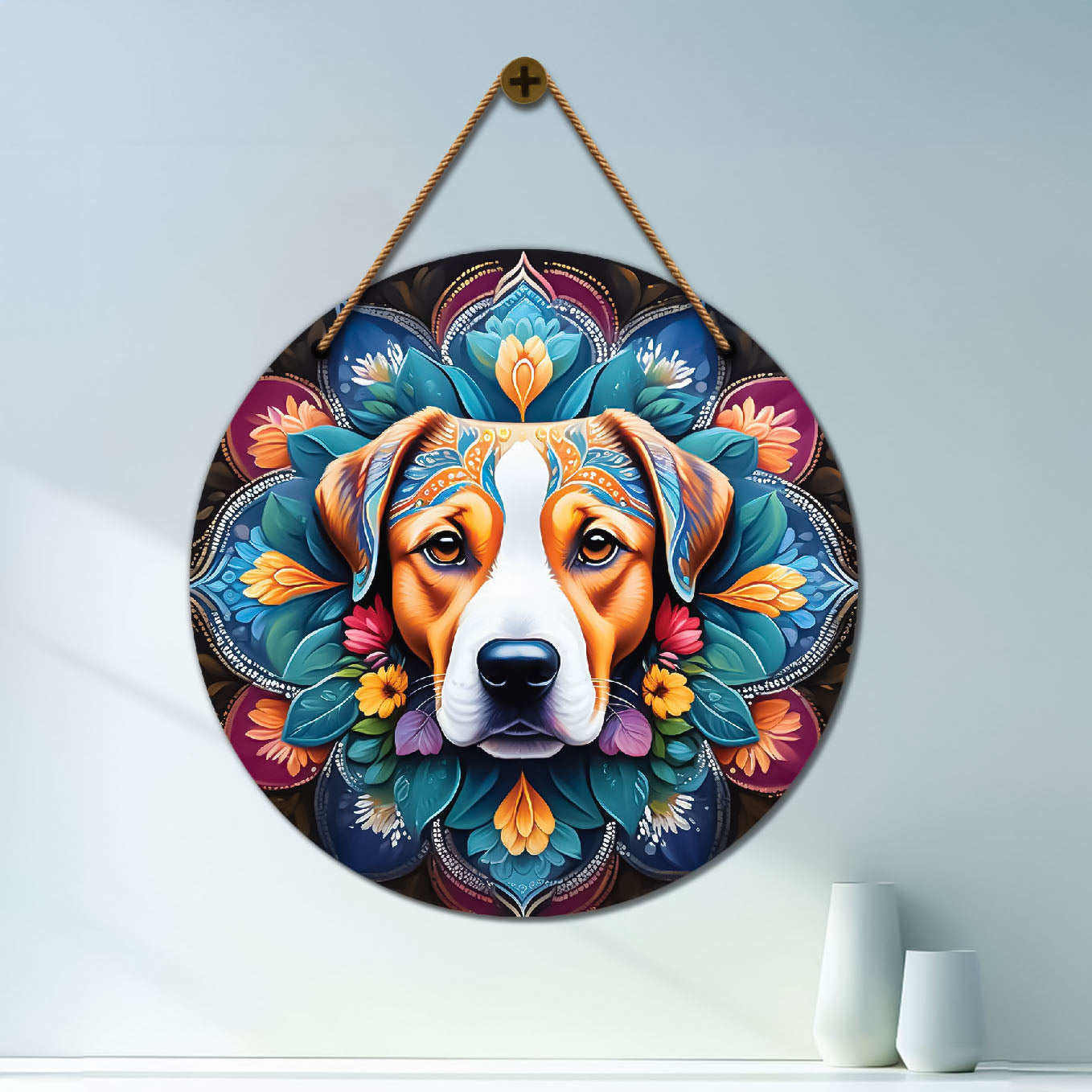 Dog in blue and floral mandala Round Wooden Wall Hanging for wall Décor - Design - 271