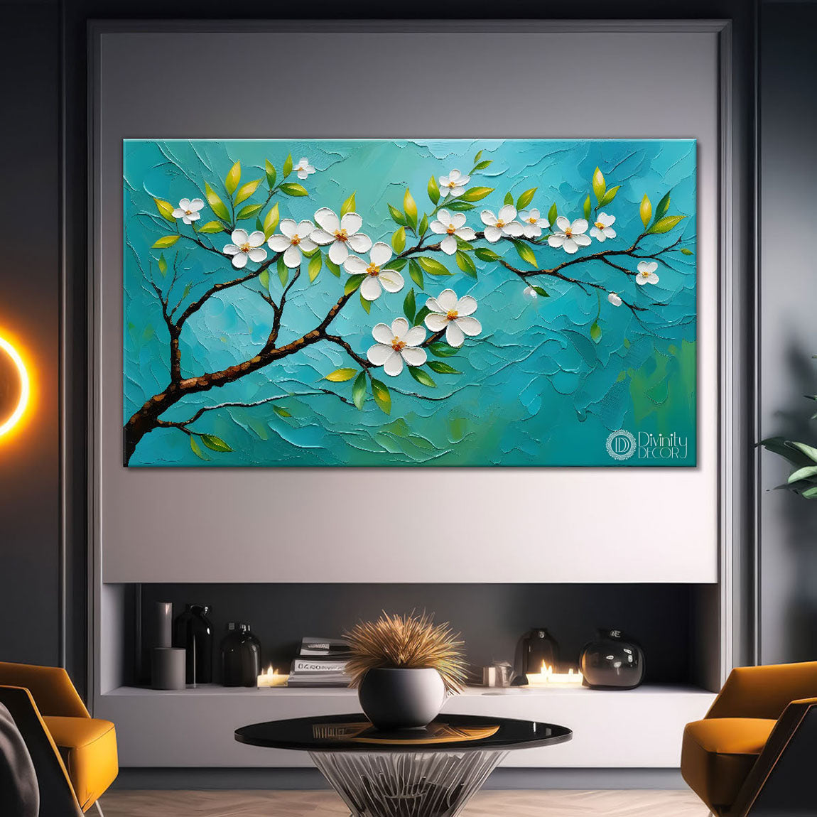 White flower tree in textured background oil painting- Design - Tree-272